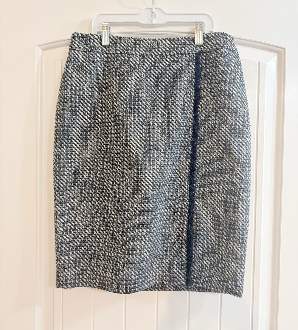 Calvin Klein Blue White Tweed Pencil Straight Knee Length Lined Skirt Zip Size 4